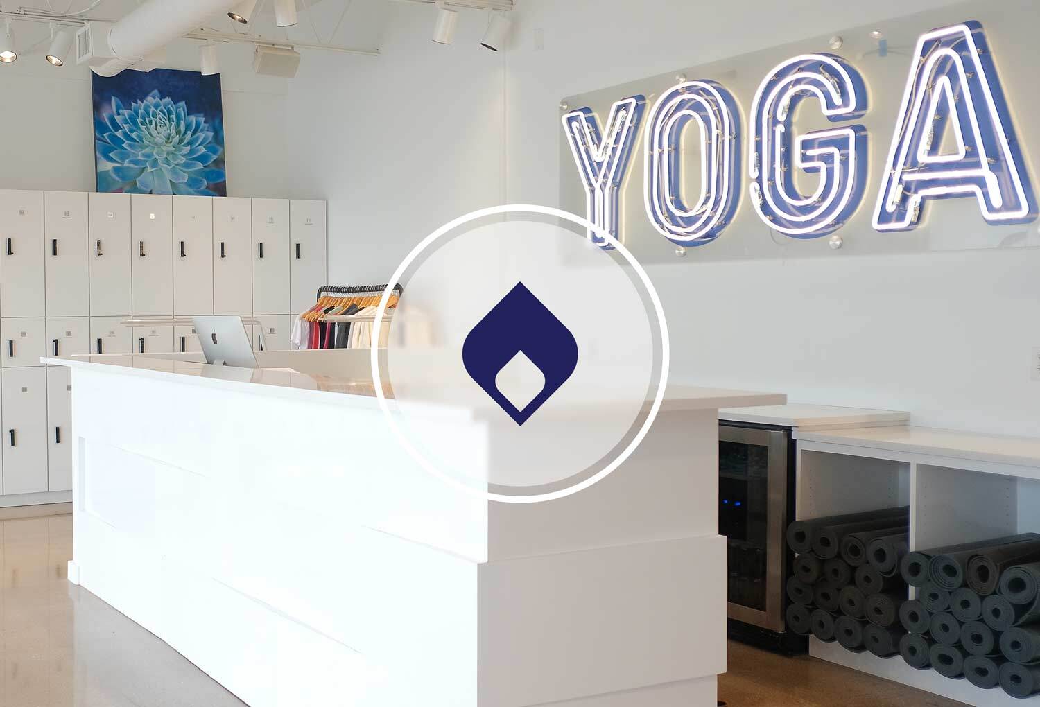 Indigo front desk with fire symbol in center