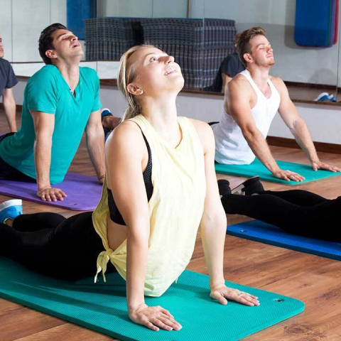 Group of people performing yoga pose on yoga mats